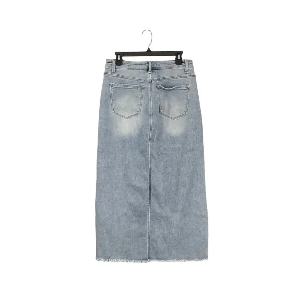 90s Style Risen Demin High Rise Maxi Skirt Size Large Front Slit Stretch - Picture 2 of 7